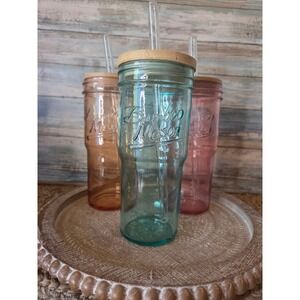 Bamboo Mason Glass Tumbler Set with Bamboo Lids and Glass Straws 3 Pack
